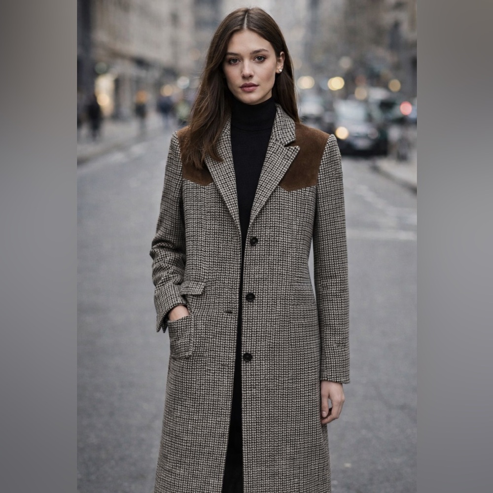The Kooples Houndstooth Leather-Trim Wool-Blend
Coat NWT